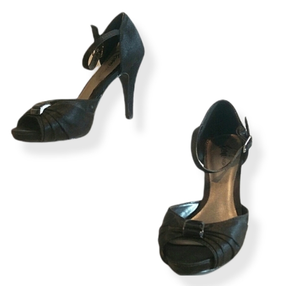 Vtg Y2K Black Open Toe Satin High Heels - Picture 1 of 16